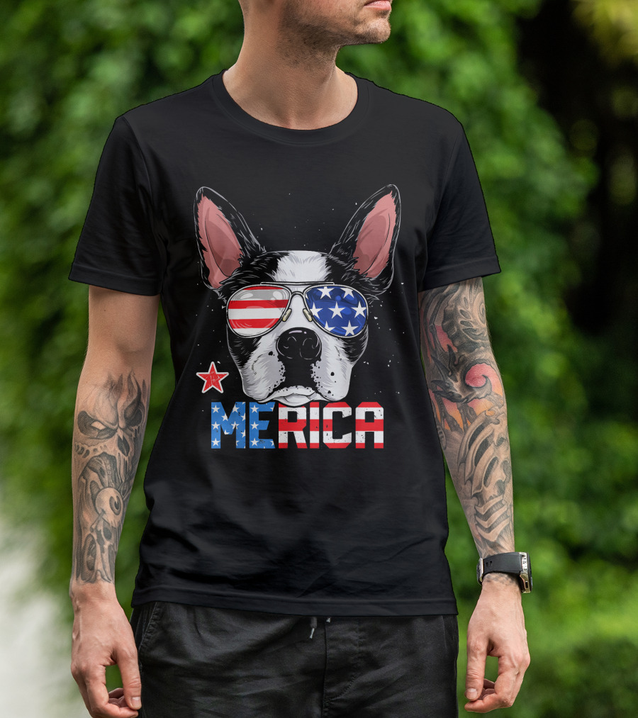 Boston Terrier Merica American Flag Sunglasses 4th Of July T-Shirt