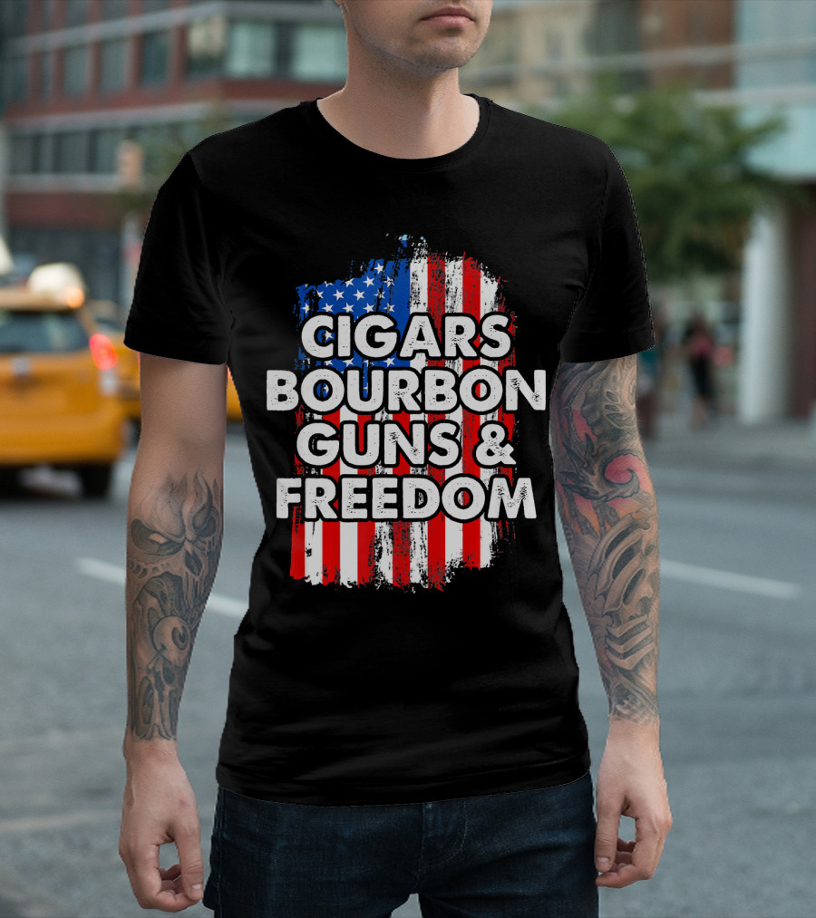 Cigars Bourbon Guns and Freedom American Flag Patriotic T-Shirt