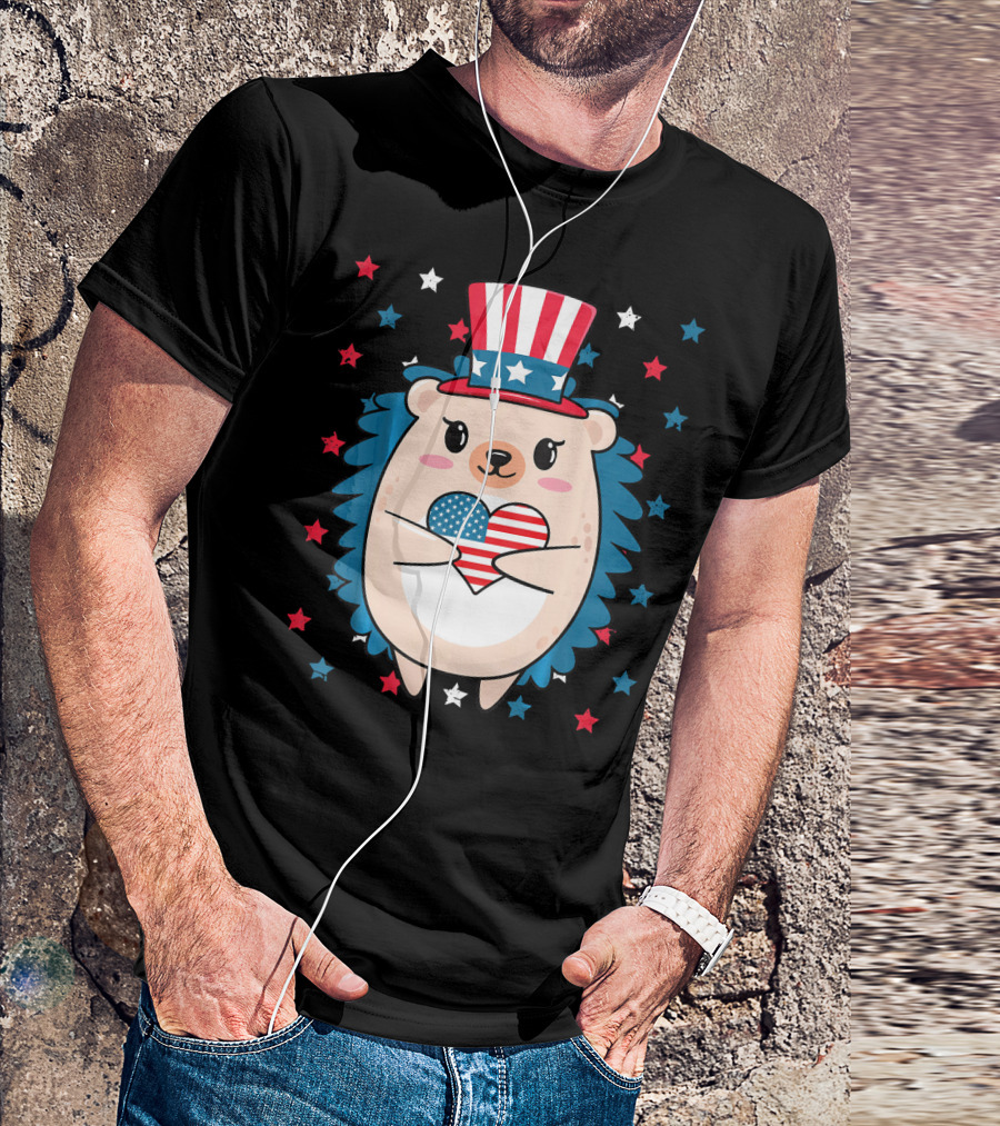 Hedgehog Patriotic Stars Uncle Sam Hat Holding USA Flag Heart T-Shirt