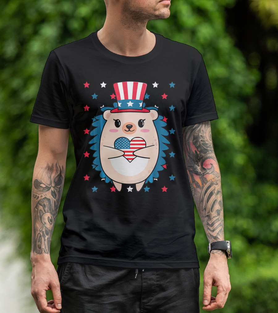 Hedgehog Patriotic Stars Uncle Sam Hat Holding USA Flag Heart T-Shirt