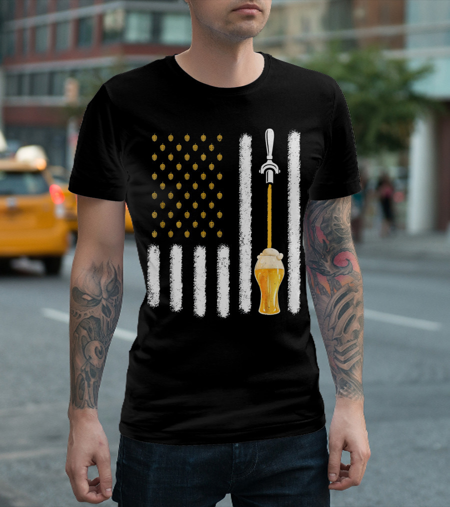 USA Flag Hops Pattern Craft Beer Tap Pouring T-Shirt