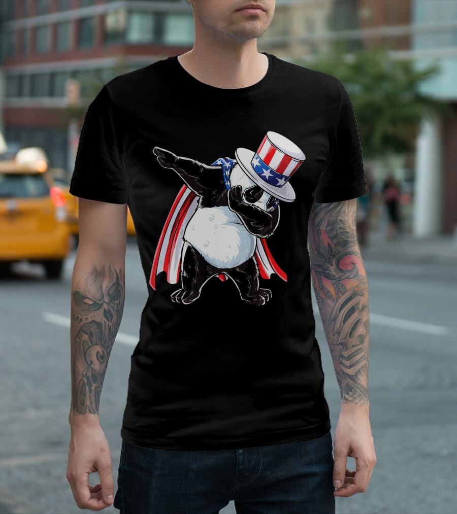 Uncle Sam Panda Dabbing with Stars and Stripes Hat and Cape T-Shirt