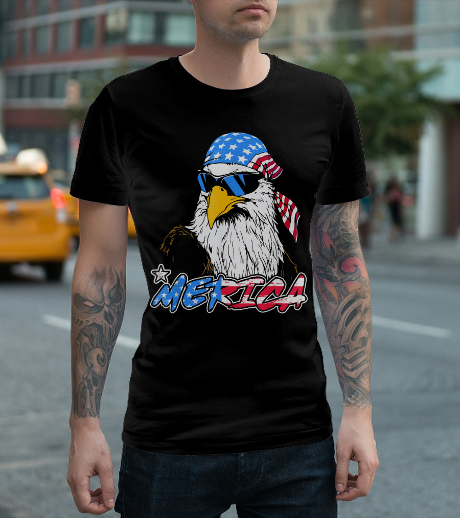Merica Eagle 4th Of July American Flag Bandana And Sunglasses T-Shirt