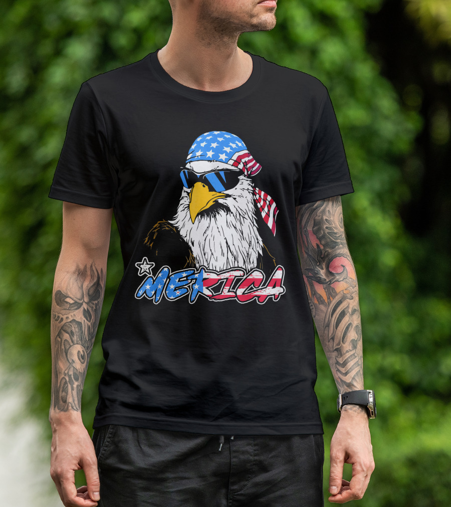 Merica Eagle 4th Of July American Flag Bandana And Sunglasses T-Shirt