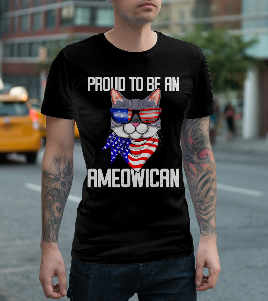 Proud To Be An Ameowican Cat With American Flag Glasses And Scarf T-Shirt