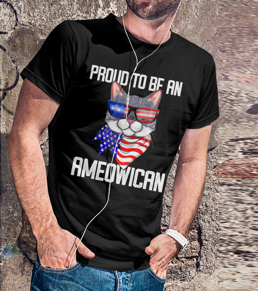 Proud To Be An Ameowican Cat With American Flag Glasses And Scarf T-Shirt
