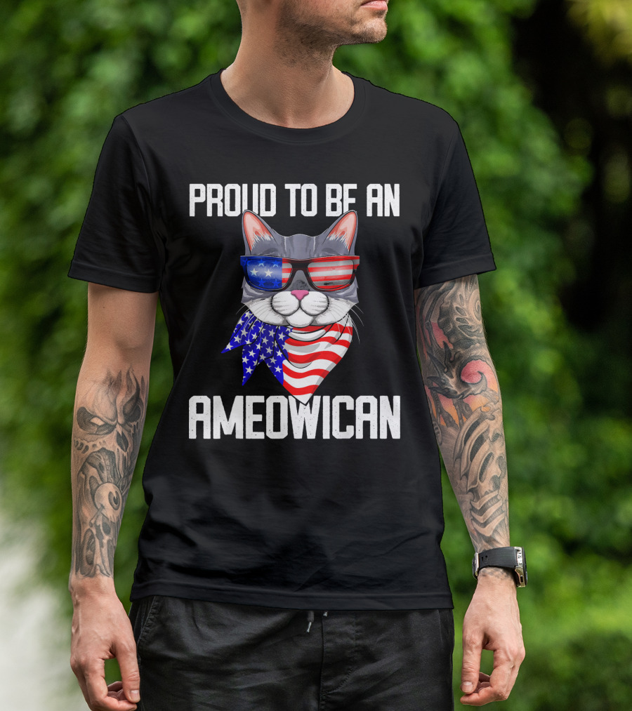 Proud To Be An Ameowican Cat With American Flag Glasses And Scarf T-Shirt