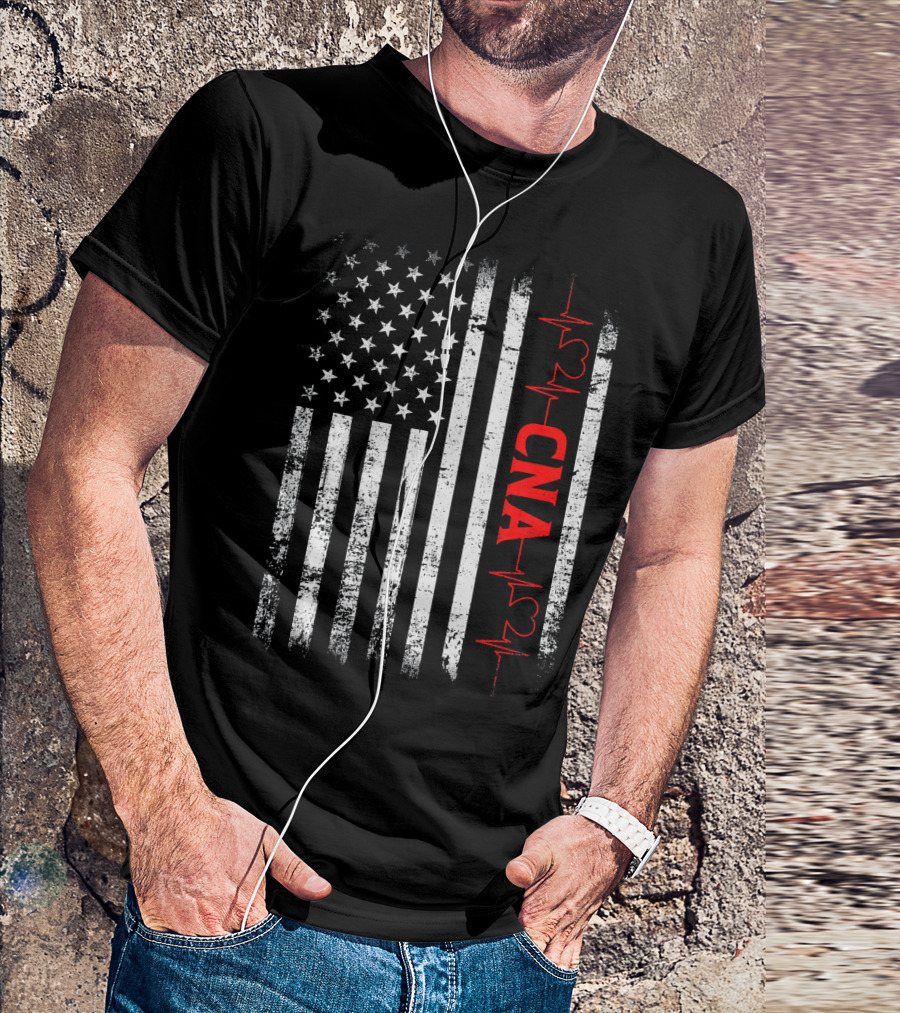 American Flag Heartbeat Red CNA Patriotic Nurse T-Shirt