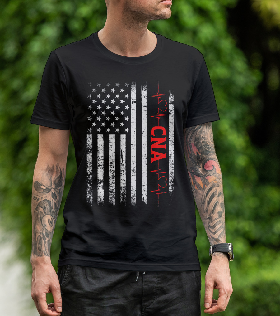 American Flag Heartbeat Red CNA Patriotic Nurse T-Shirt