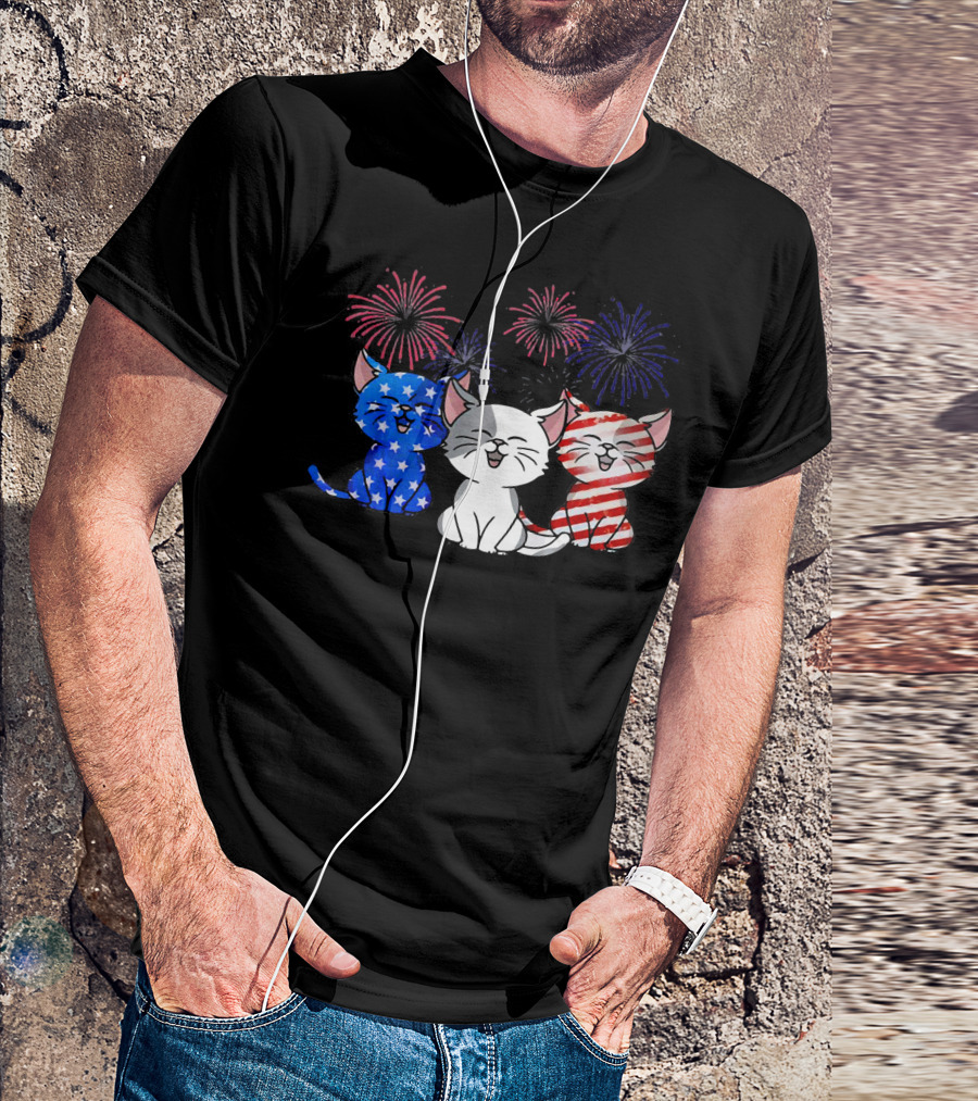 Funny Cat Fourth Of July Fireworks American Flag T-Shirt