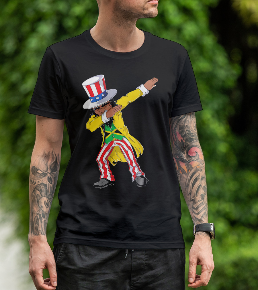 Uncle Sam Dabbing With Jamaican Flag And Red White Blue Hat In Yellow Coat T-Shirt