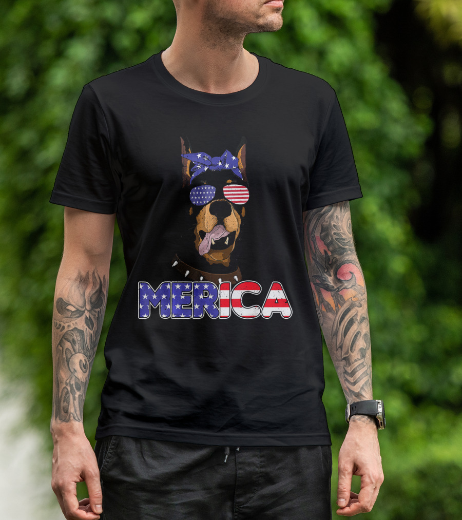 Patriotic Merica Doberman Pinscher With American Flag Bandana And Sunglasses T-Shirt