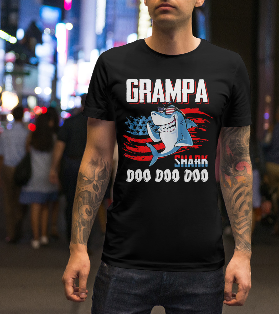 Grampa Shark Doo Doo Doo American Flag Sunglasses T-Shirt