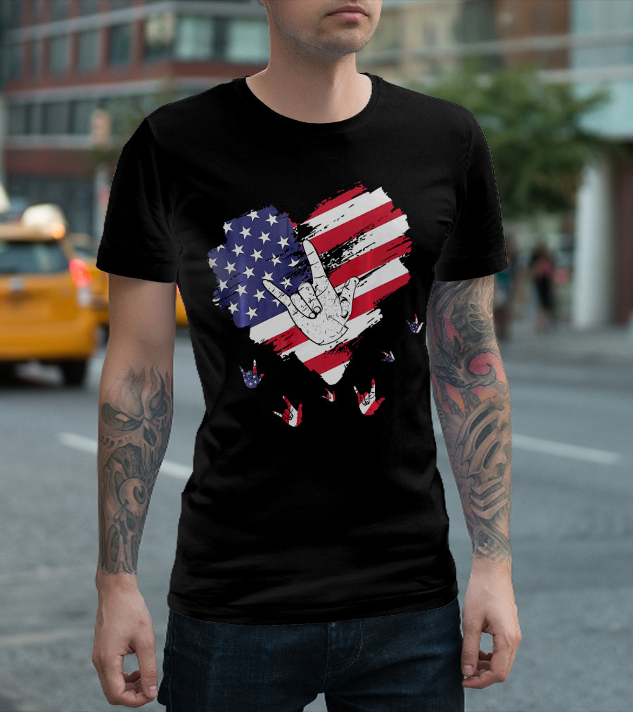I Love You American Sign Language Hand Shape Heart With USA Flag Colors T-Shirt