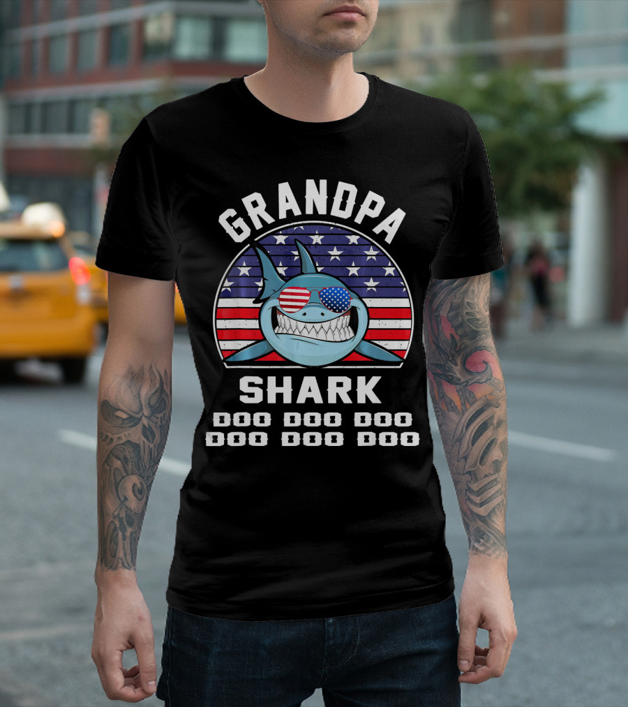 Grandpa Shark Doo Doo Doo American Flag Sunglasses T-Shirt