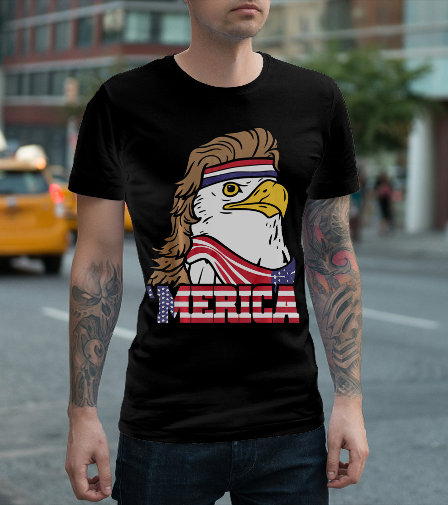 'Merica Bald Eagle Mullet Headband American Flag T-Shirt