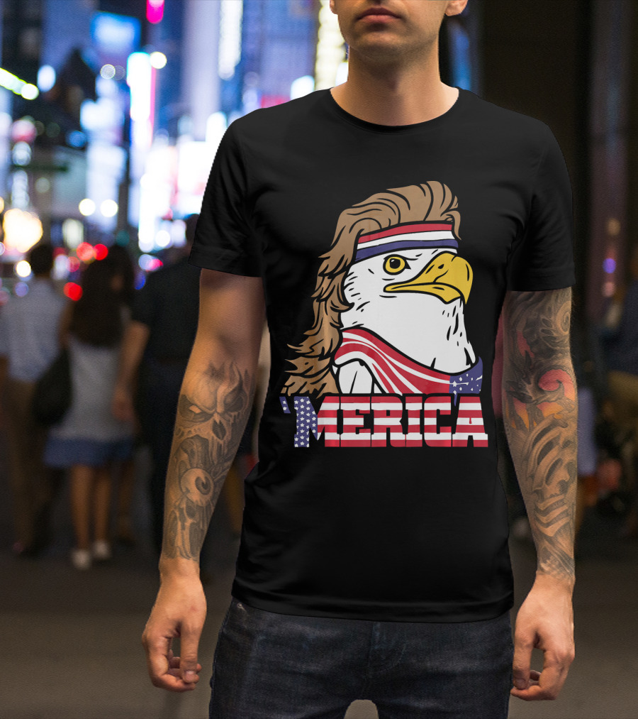 'Merica Bald Eagle Mullet Headband American Flag T-Shirt