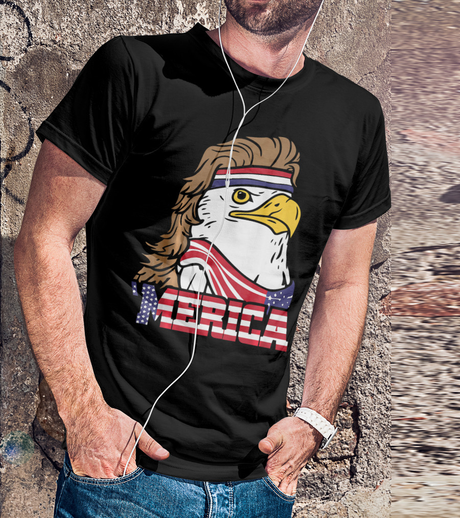 'Merica Bald Eagle Mullet Headband American Flag T-Shirt