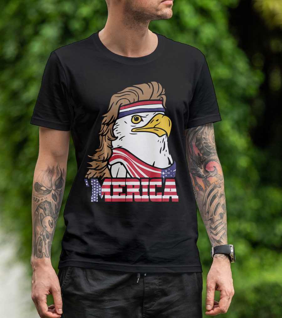 'Merica Bald Eagle Mullet Headband American Flag T-Shirt