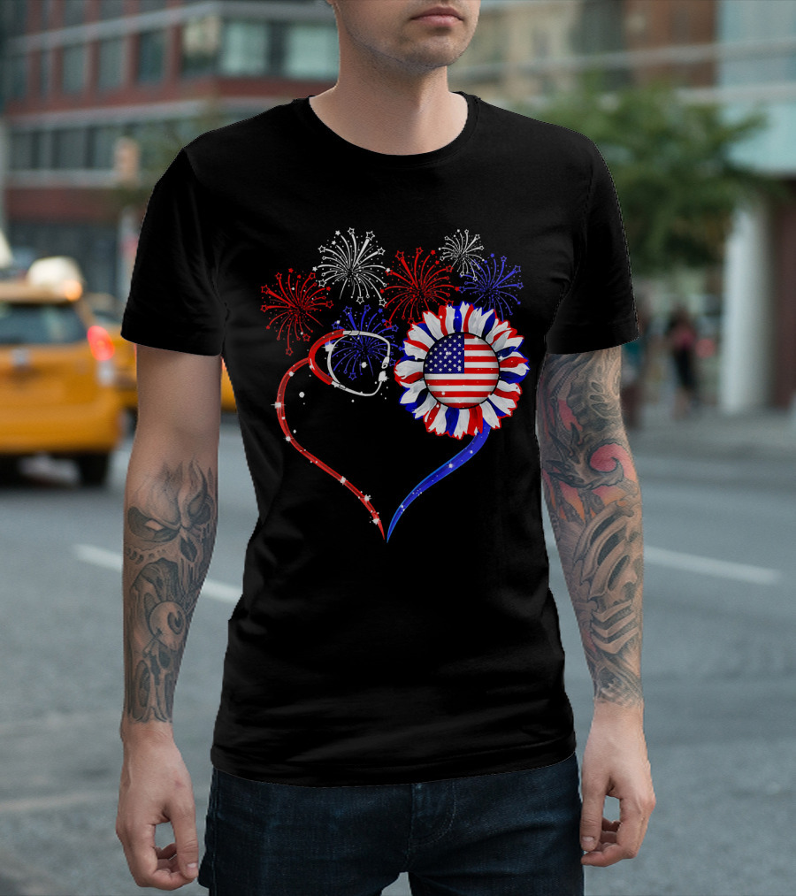 Nurse Heart Stethoscope Sunflower American Flag Fireworks T-Shirt