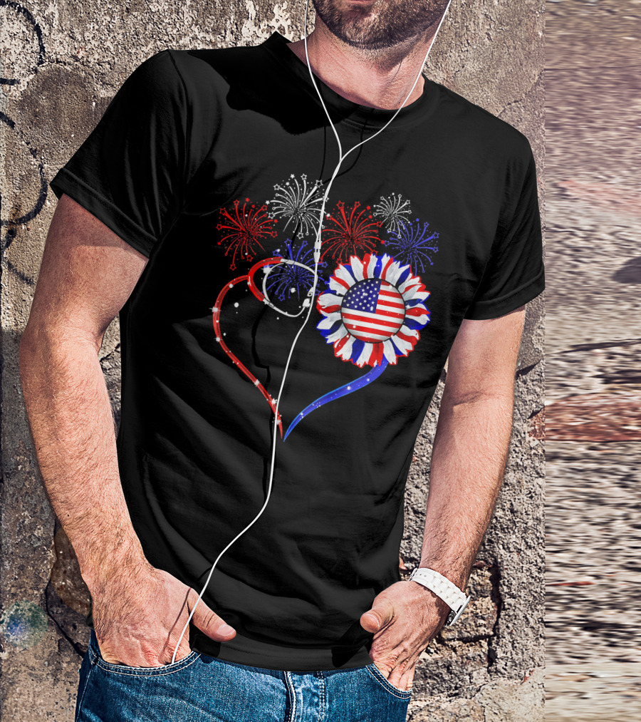Nurse Heart Stethoscope Sunflower American Flag Fireworks T-Shirt