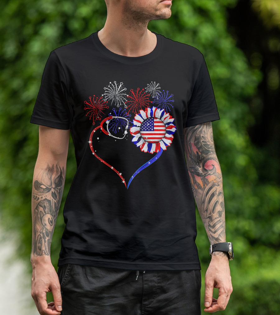 Nurse Heart Stethoscope Sunflower American Flag Fireworks T-Shirt