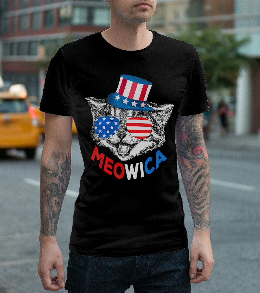 Meowica Red White Blue Cat 4th of July Independence Day USA Stars Stripes Hat Sunglasses T-Shirt