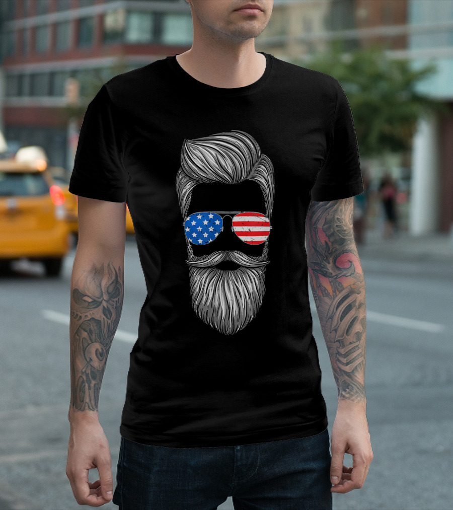 American Pride 4th Of July Beard with Stars and Stripes Sunglasses T-Shirt