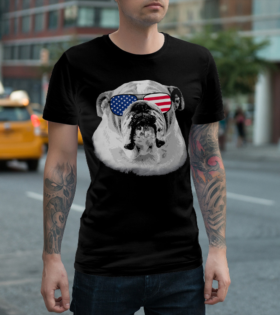 Patriotic Bulldog Dog Merica American Flag Sunglasses T-Shirt