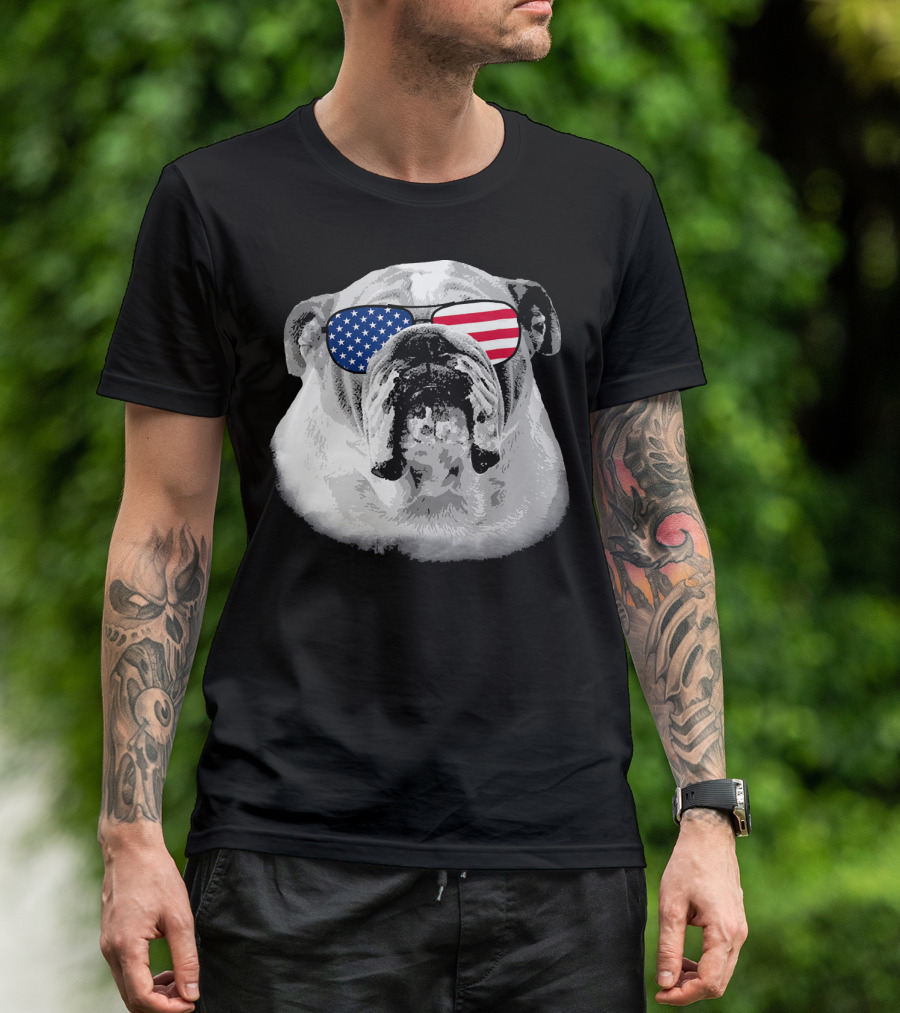 Patriotic Bulldog Dog Merica American Flag Sunglasses T-Shirt