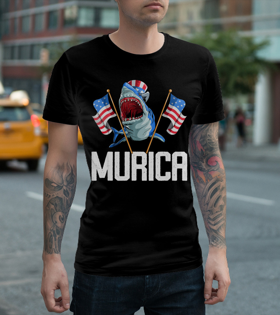 4th of July Murica Shark with Patriotic Flags T-Shirt