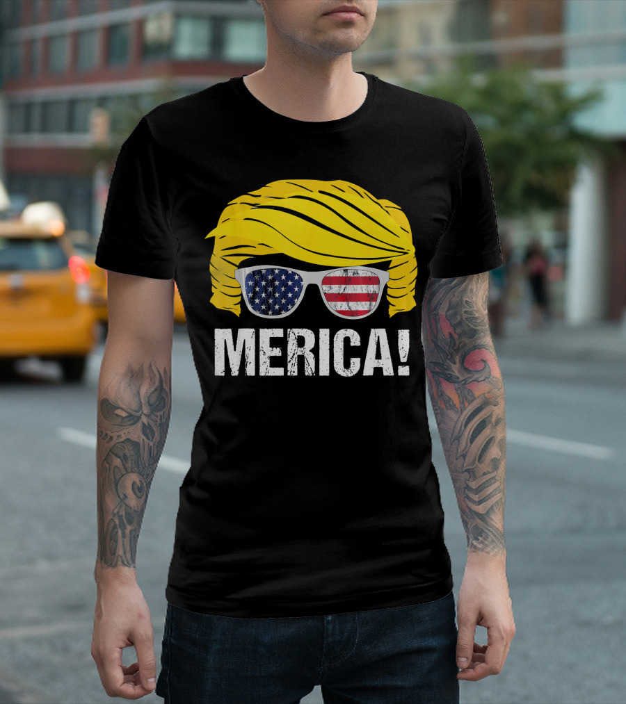 Merica Trump Hair American Flag Sunglasses 4th Of July T-Shirt