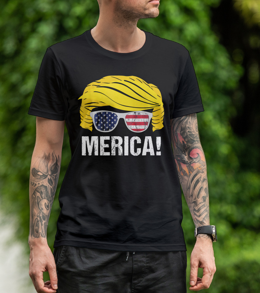 Merica Trump Hair American Flag Sunglasses 4th Of July T-Shirt