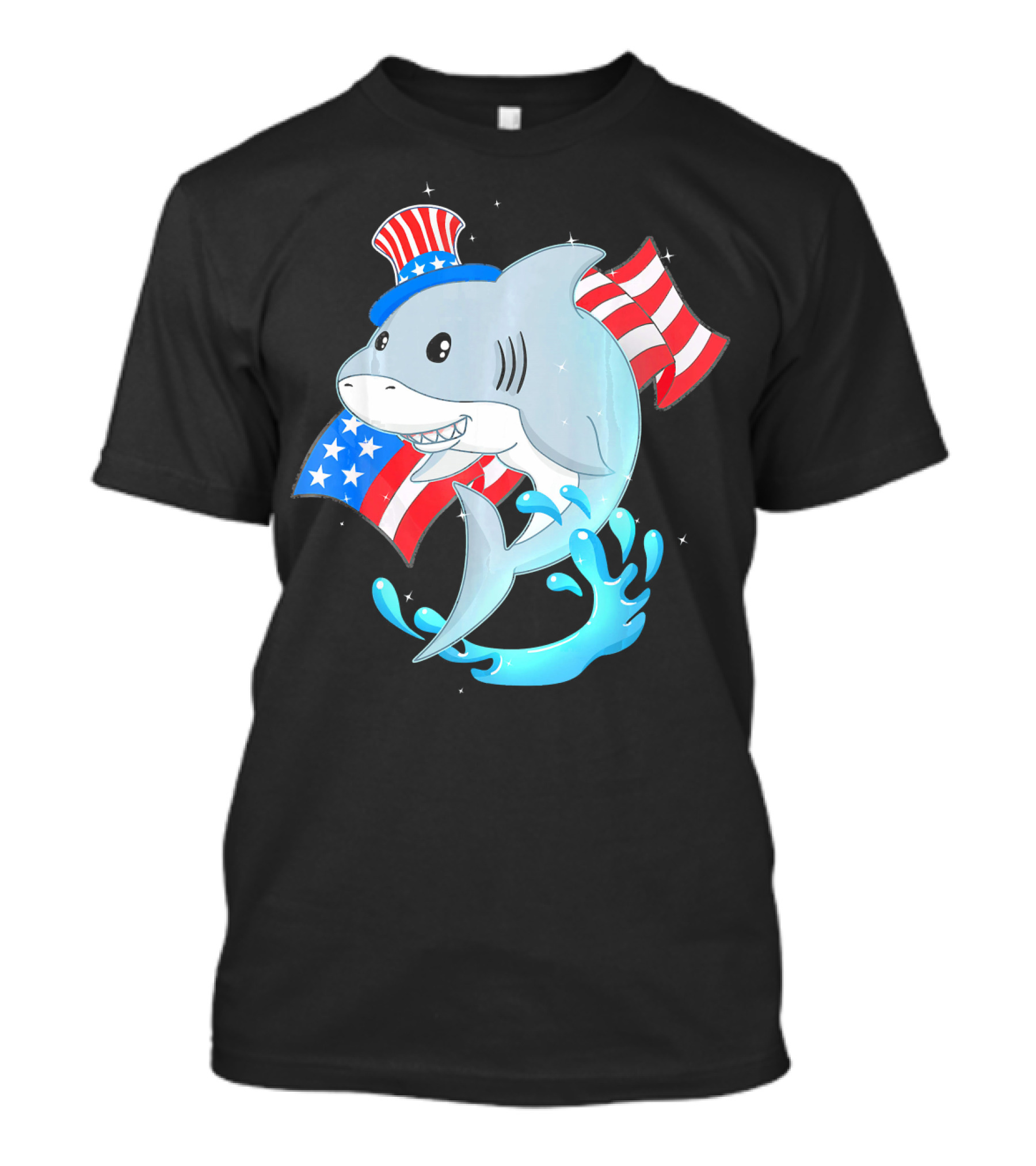 Smiling Shark With American Flag Hat And Patriotic Waves For 4th Of July Independence Day T-Shirt