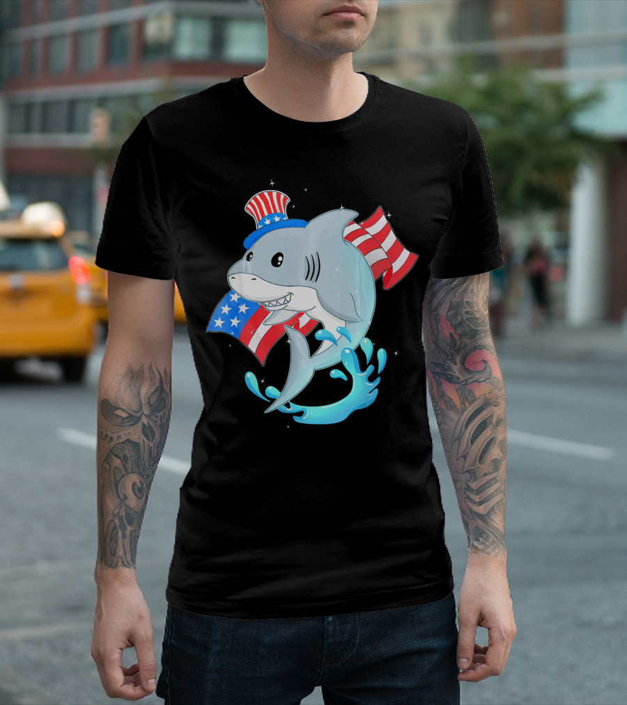 Smiling Shark With American Flag Hat And Patriotic Waves For 4th Of July Independence Day T-Shirt