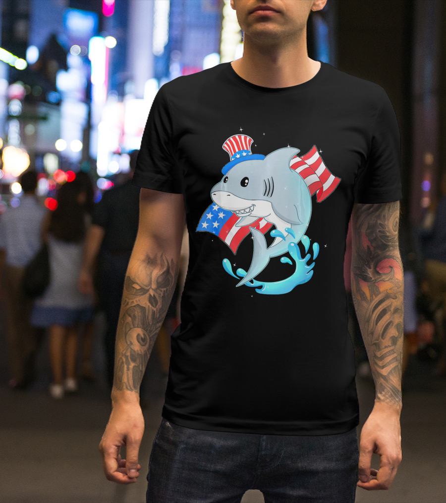 Smiling Shark With American Flag Hat And Patriotic Waves For 4th Of July Independence Day T-Shirt