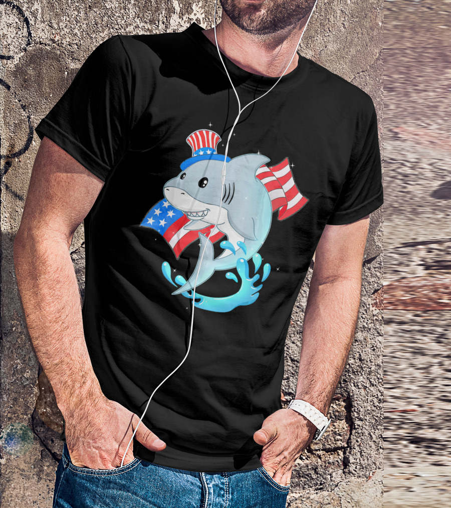 Smiling Shark With American Flag Hat And Patriotic Waves For 4th Of July Independence Day T-Shirt