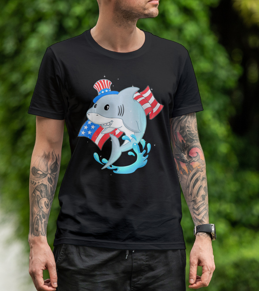 Smiling Shark With American Flag Hat And Patriotic Waves For 4th Of July Independence Day T-Shirt