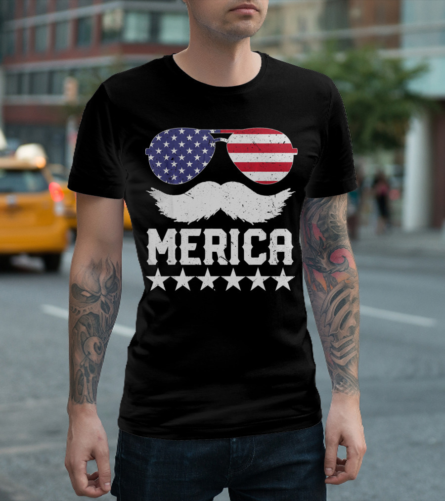 MERICA American Flag Sunglasses and Mustache 4th of July T-Shirt