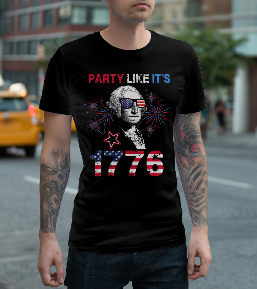 Party Like It's 1776 4th of July George Washington Fireworks USA Flag T-Shirt