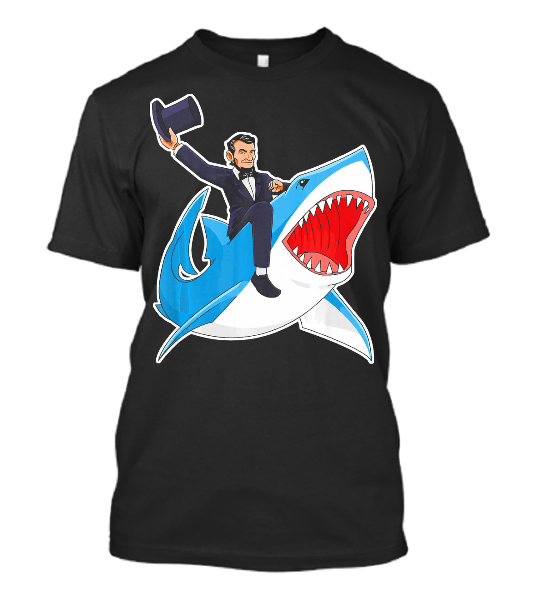 Abraham Lincoln Riding A Shark Waving Top Hat Adventure T-Shirt