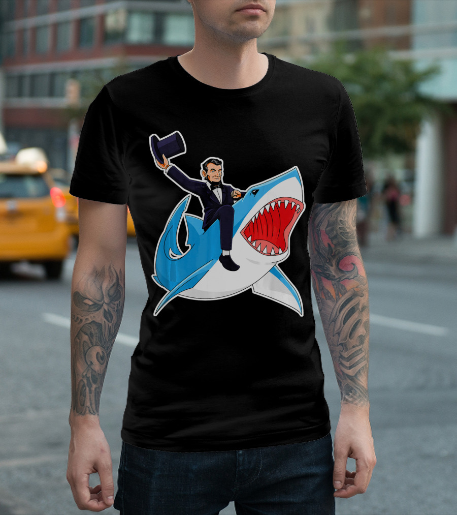 Abraham Lincoln Riding A Shark Waving Top Hat Adventure T-Shirt