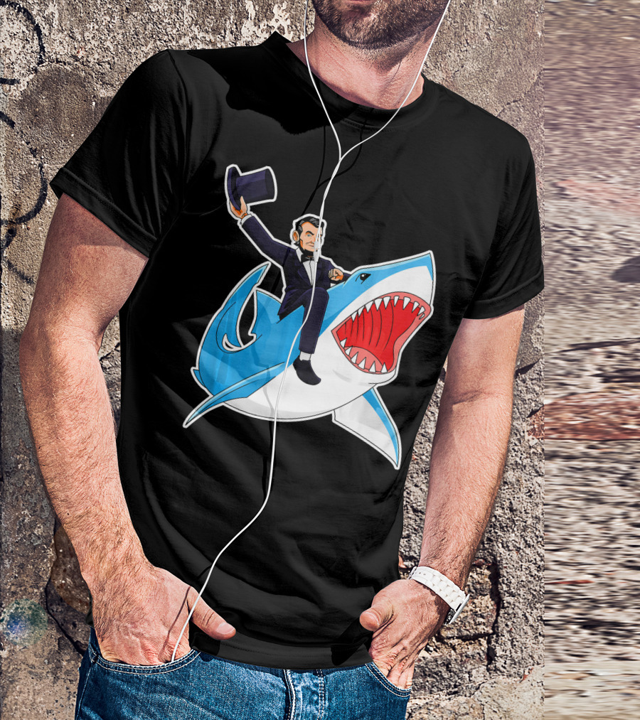 Abraham Lincoln Riding A Shark Waving Top Hat Adventure T-Shirt