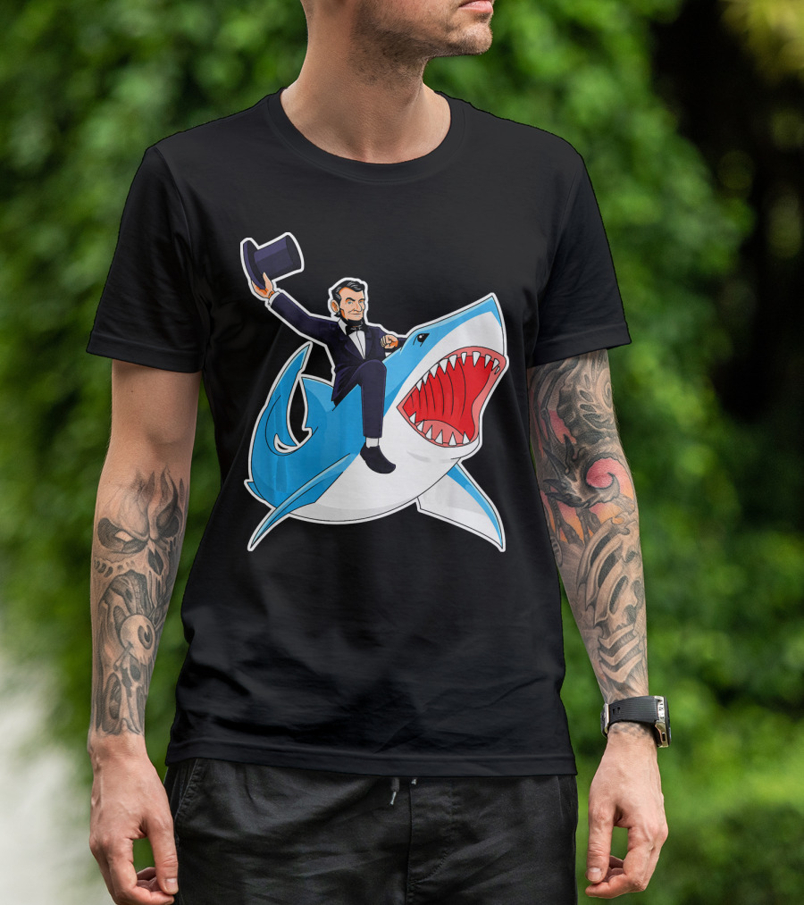 Abraham Lincoln Riding A Shark Waving Top Hat Adventure T-Shirt