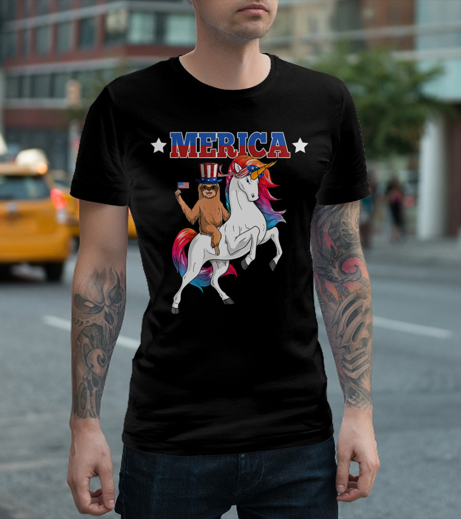 Merica Sloth Riding Patriotic Unicorn with USA American Flag T-Shirt