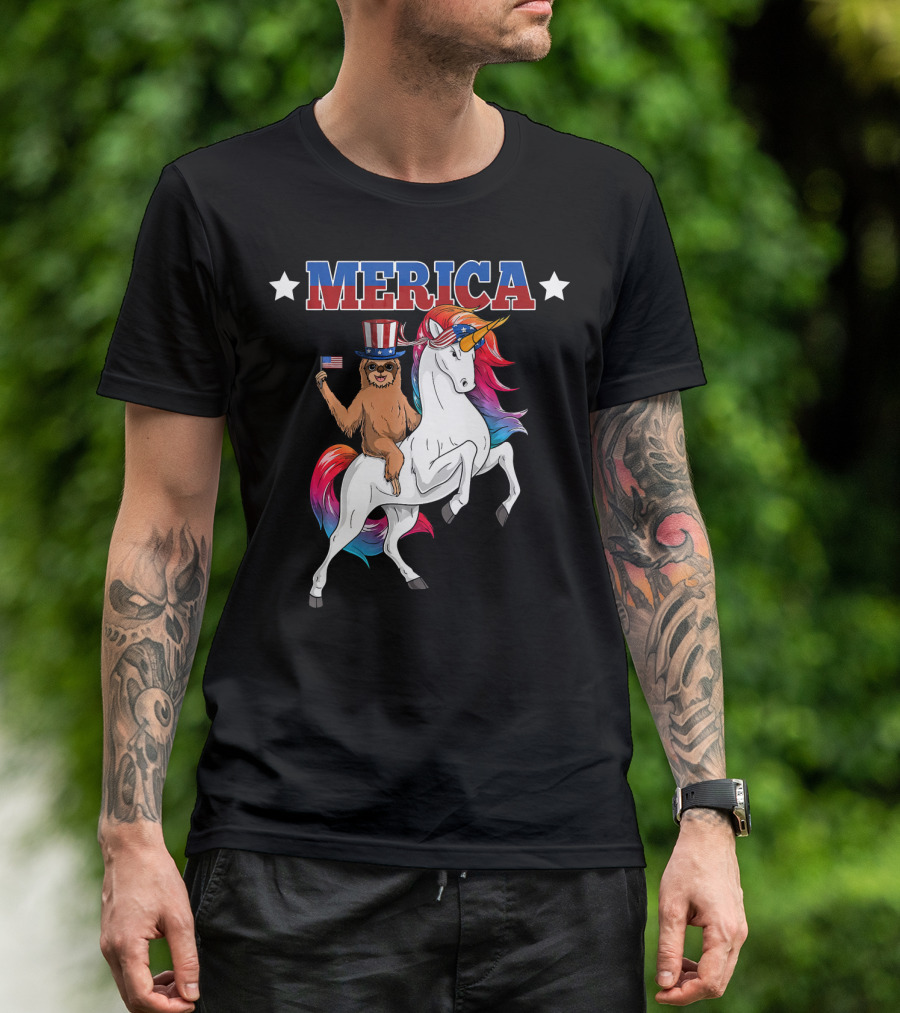 Merica Sloth Riding Patriotic Unicorn With USA American Flag T-Shirt