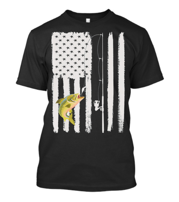 American Flag Fishing Pole With Fish USA Patriotic T-Shirt