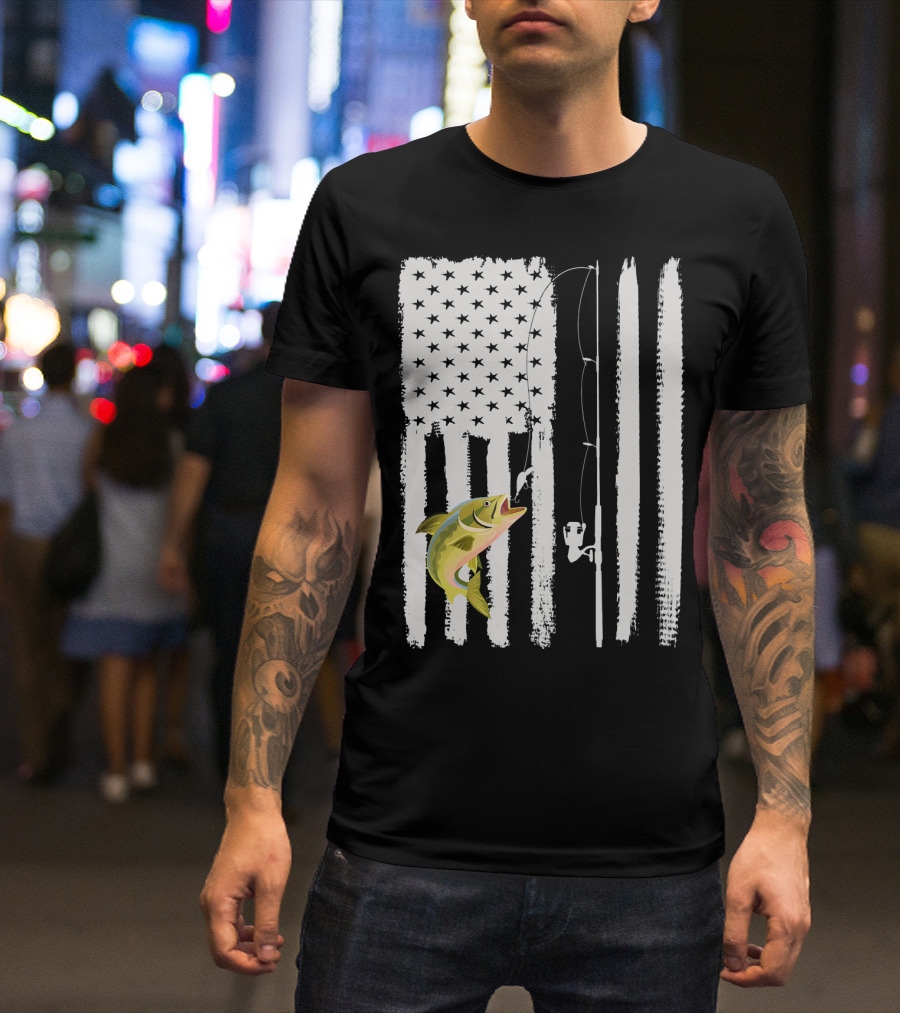 American Flag Fishing Pole With Fish USA Patriotic T-Shirt