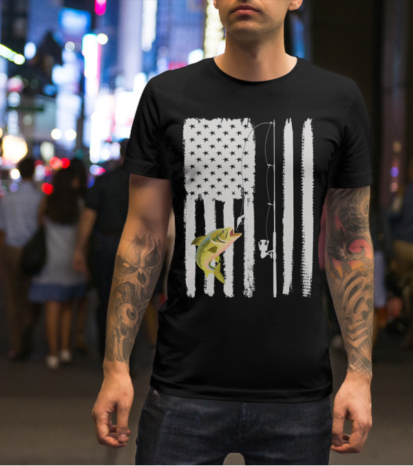 American Flag Fishing Pole With Fish USA Patriotic T-Shirt