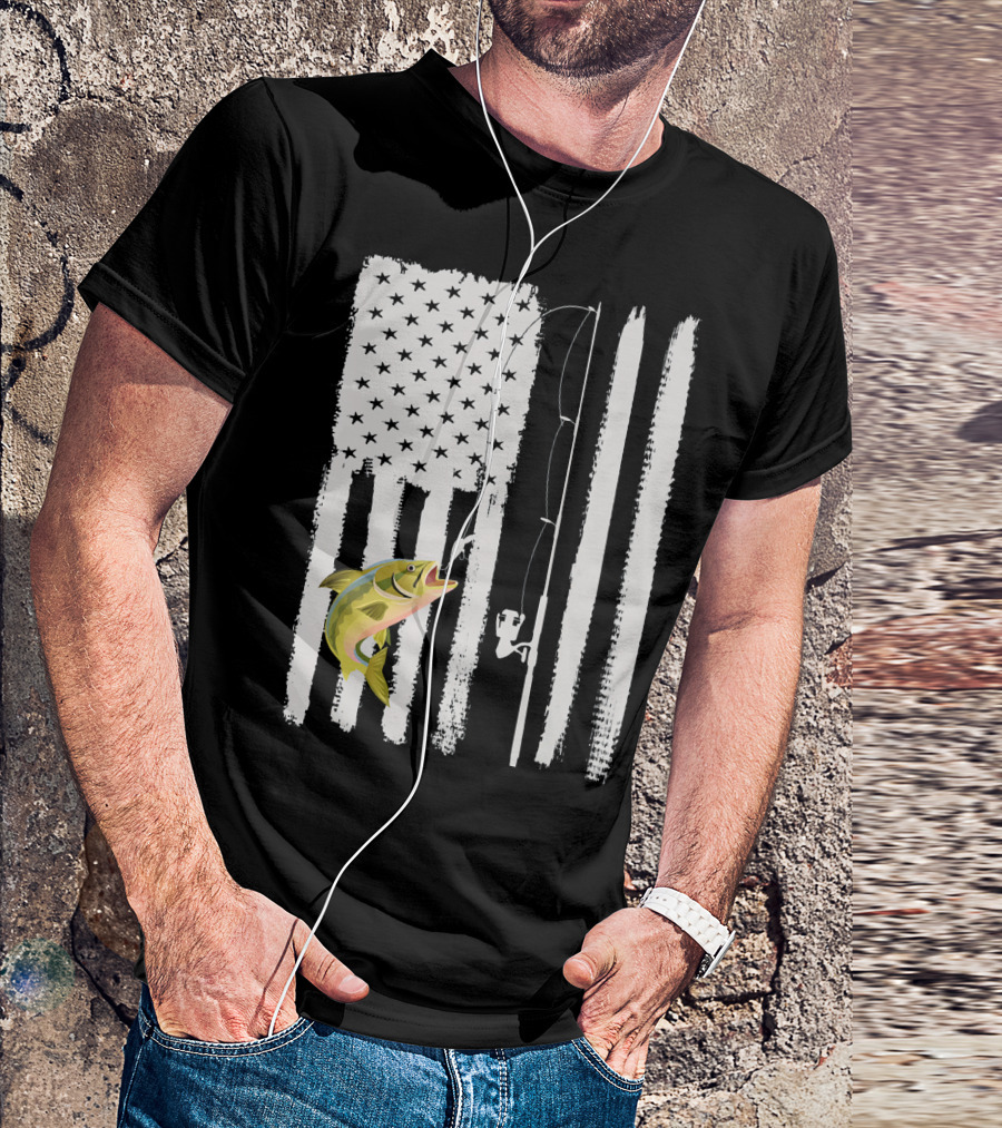 American Flag Fishing Pole With Fish USA Patriotic T-Shirt